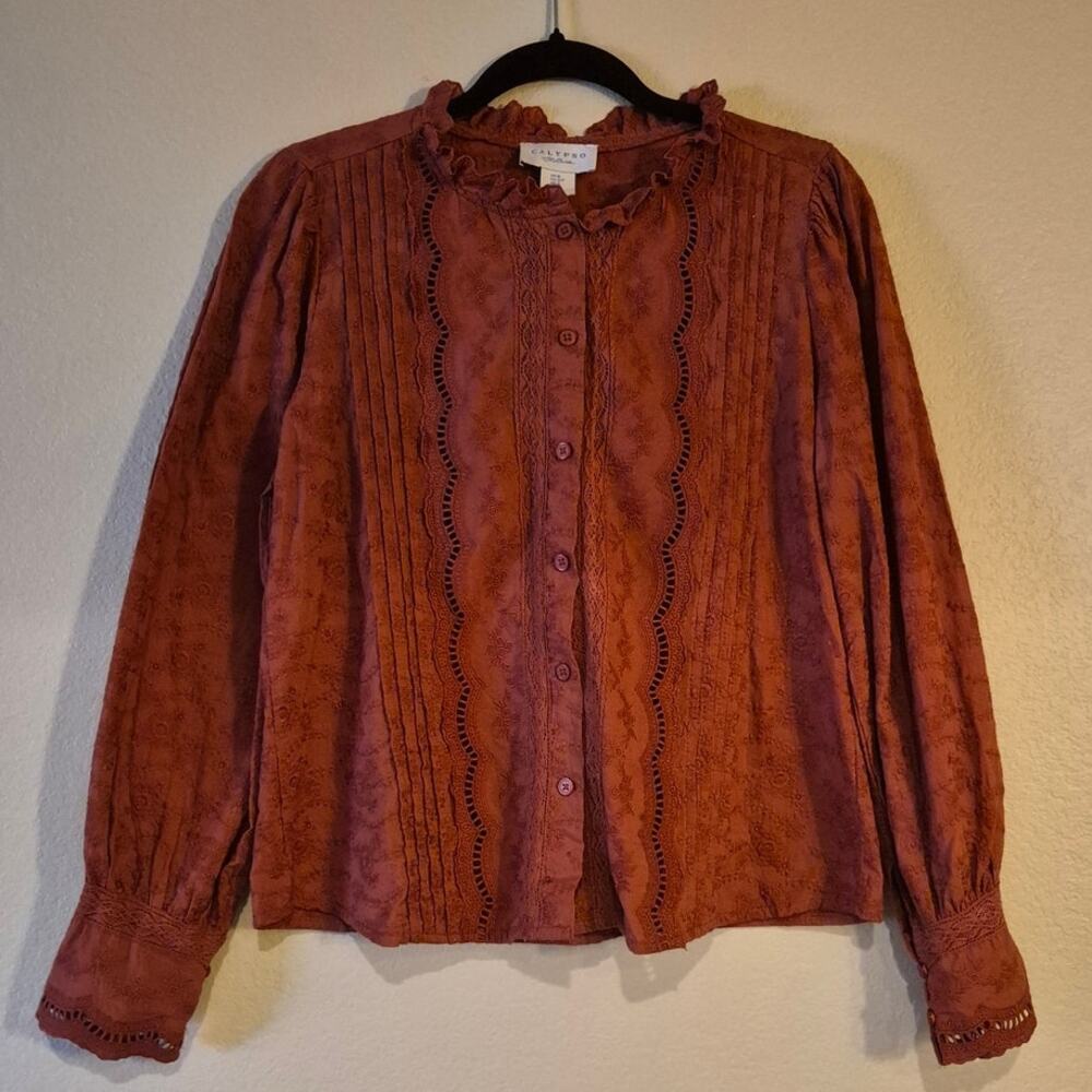 Calypso St. Barth Size S Rust Cotton Eyelet Lace Pintuck Button Front Blouse